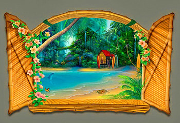 Surf shack, island, tropical, relax, vacation, nice, beach, surf, shore, painting, sands, trees, water, ocean, palms, sea, window, art, tropics, exotic, beautiful, rest, pretty, view, nature, flowers, shack, lovely HD wallpaper