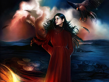Red angel, night, sea, wings, black, eagle, beauty HD wallpaper