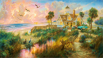 Beach House, painting, car, trees, pond, sea, birds, artwork, bicycle, clouds, sky, sunset HD wallpaper