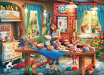 Baking bread, dog, art, kitchen, girl, cat, people, woman, pisici, painting, pictura, caine HD wallpaper