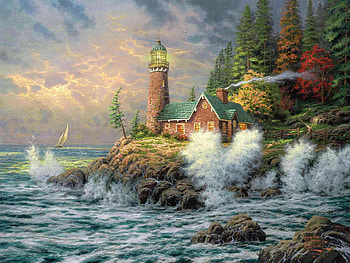 thomas kinkade, lighthouse, sea, art, painting . HD wallpaper