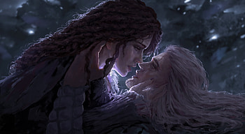 The last wish by Alexandra Albu, night, yennefer, alexandra albu, the witcher, dark, purple, geralt, fantasy, couple, luminos HD wallpaper