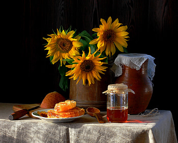 Still life, Bread, Knife, Honey, Pitcher, Spoon HD wallpaper