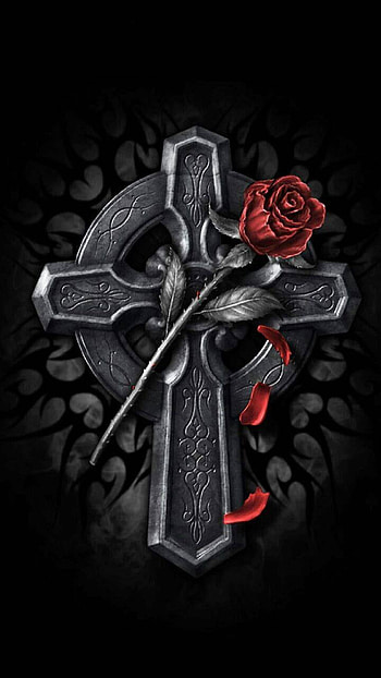 Cross and Rose, red rose, rose, gothic, religious, cross HD phone wallpaper