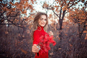 Girl In Red Dress Autumn , girls, model, red-dress, autumn, nature HD wallpaper