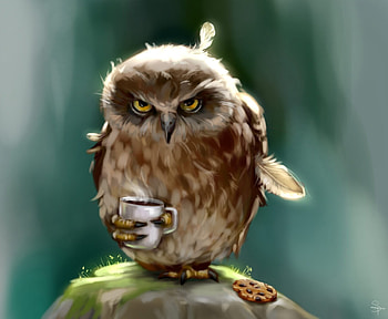 Good Morning!, cup, owl, art, morning, bird, dark, svetlana lazogreeva, fantasy, coffee, bufnita, pasari HD wallpaper