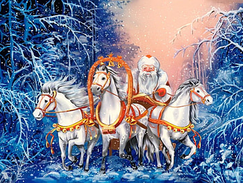 Russian triple with Santa, winter, frost, russian, art, triple, horses, painting, snow, christmas, forest, santa, new year HD wallpaper