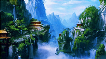 Asian Mountain Painting, blue, Asia, houses, Firefox Persona theme, painting, cliffs, Oriental, trees, sky, mountains HD wallpaper