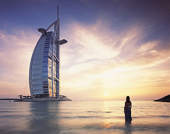Building, Sunset, Dubai, , Burj Al Arab, Horizon, Sea, United Arab Emirates HD wallpaper