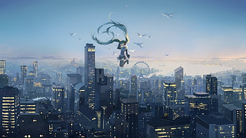 Jump, anime girl, hatsune miku, cityscape HD wallpaper