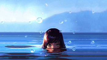 Women Water Drops Green Eyes Wet, anime, artist, artwork, digital-art HD wallpaper