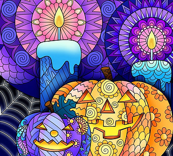 Happy Halloween!, purple, halloween, blue, pink, candle, yellow, harsh taggar, pumpkin HD wallpaper