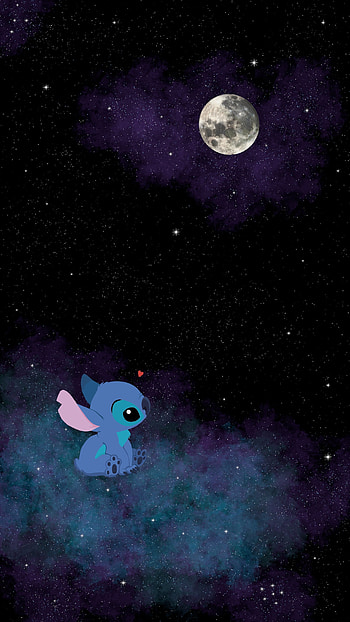 Stitch, love, sky, moon, fantasy, disney, night, stars, galaxy HD phone wallpaper