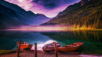 Lake in the Austrian Alps, boats, clouds, colors, pier, landscape, sky, mountains, sunset HD wallpaper