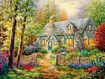 Cottage hideaway, peaceful, spring, serenity, painting, animals, trees, greenery, hideaway, art, house, paradise, beautiful, hen, summer, lights, nature, flowers, cottage, lovely HD wallpaper