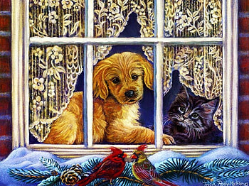 Conversation at the Window, artwork, pup, birds, cub, painting, snow, christmas HD wallpaper