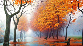 Preview autumn, park, avenue, benches, trees, leaf fall, fog HD wallpaper