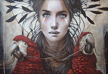 :), fantasy, art, pictura, sophie wilkins, red, face, girl, parrot, painting HD wallpaper