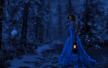 Still waiting..., night, blue, alone, brunette, dress, dark, woman, darkness, light, snow, lantern, forest HD wallpaper