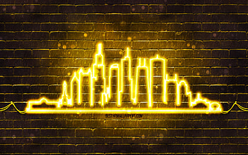 Chicago yellow neon silhouette, , yellow neon lights, Chicago skyline silhouette, yellow brickwall, american cities, neon skyline silhouettes, USA, Chicago silhouette, Chicago HD wallpaper