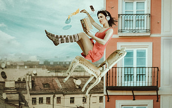 Gone with the music, chair, model, heads, situation, girl, cup, orange, woman, creative, fantasy, coffee, funny HD wallpaper