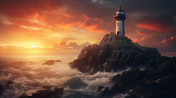 Majestic Lighthouse Sunset - AI Art, AI Art, man made, lighthouse HD wallpaper