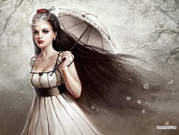 Woman in White, white dress, fantasy, flower, trees, long hair, woman HD wallpaper