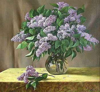 Purple bouquet in vase, purple, still life, table, bouquet, painting, art, flower HD wallpaper