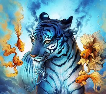 Underwater tiger, luminos, water, blue, tiger, jojoesart, orange, summer, fantasy, pesti, yellow, underwater, tigru, vara HD wallpaper