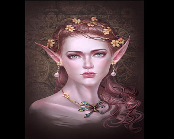 Flowers In Her Hair, earings, necklace, flowers, green eyes, elf, female HD wallpaper