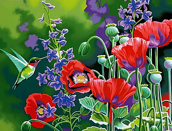Hummingbird and poppies, art, meadow, beautiful, nice, fragrance, poppies, leraves, painting, pretty, petals, red, hummingbird, greenery, flowers, scent, lovely HD wallpaper