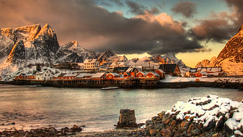 Lofotes, Norway, sea, clouds, colors, sky, houses, mountains, village HD wallpaper