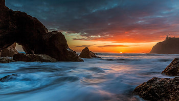 Sunset at Ruby Beach, Forks, Washington, usa, coast, sea, colors, clouds, sky, rocks HD wallpaper