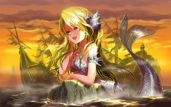 Mermaid, sea, ship, girl, tail, orange, anime, yellow, manga HD wallpaper