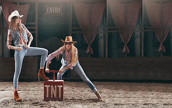 Fearless Cowgirls. . ., dynamite, style, cowgirl, fun, brunettes, outdoors, blondes, saloon, girls, women, models, boots, western, TNT, hats, female HD wallpaper