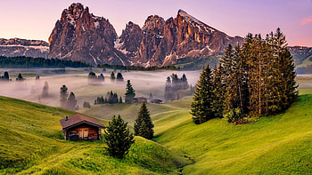 Dolomites, Italy, mist, dolomites, valley, hut, italy, beautiful, houses, mountain HD wallpaper