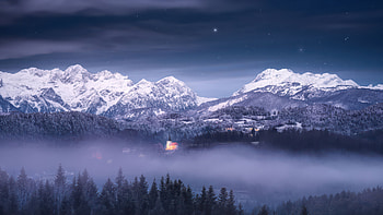 Snowy Nightfall The Church In The Mist, church, mountains, mountain, trees, tree, snow, mist, clouds, nature, star HD wallpaper