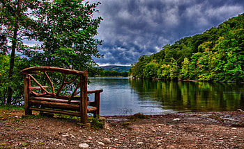 Beautiful view-R, river, graphy, colors, beauty, nice, scenery, reflection, trees, water, bench, landscape, r, beautiful, lake, pretty, cool, view, clouds, nature, sky, riverbank, lovely, forest HD wallpaper