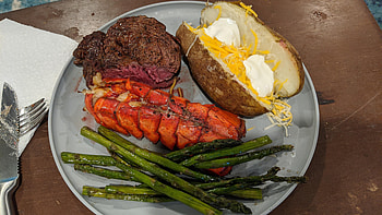 Filet mignon, Grilled lobster tail, Grilled asparagus, Baked potato HD wallpaper