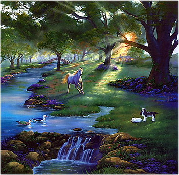 Jim Warren. River Life (detail), dog, river, jim warren, horse, painting, art, night5, tree HD wallpaper
