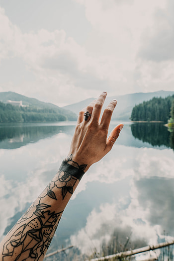 Landscape, Lake, Hand, Miscellanea, Miscellaneous, Tattoo, Touching, Touch, Tattoos HD phone wallpaper