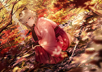 Samurai, sword, girl, orange, junpaku karen, anime, red, autumn, manga, katana HD wallpaper