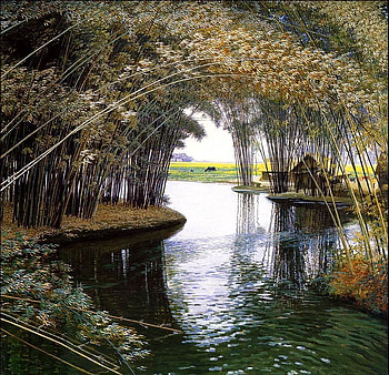 River, painting, art, tree, pond HD wallpaper