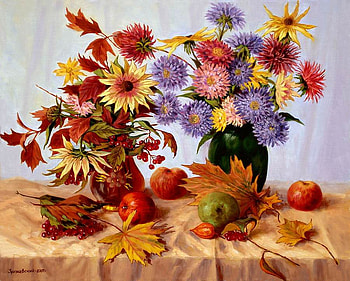 A. Zrazhevsky, table, painting, art, flower, a zrazhevsky, fruit, apple, sunflower HD wallpaper