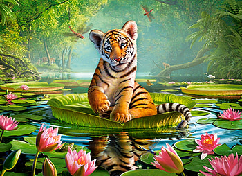 Tiger cub, flower, pictura, tigru, water, lotus, art, tiger, cub, pink, painting HD wallpaper