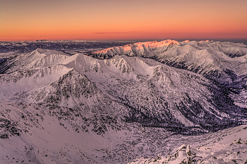 Nature, Sunset, Sky, Mountains, Snow, Rocks, Snow Covered, Snowbound HD wallpaper