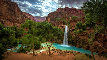 Havasu Falls, Arizona, sky, rocks, mountains, clouds, trees, usa HD wallpaper