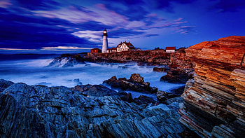 Beautiful Lighthouse, sea, shore, lighthouse, sky, cliff, rocks, ocean HD wallpaper