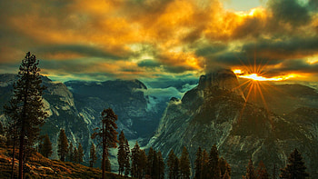 Sunset at Yosemite, california, trees, clouds, sky, rocks, forest, mountains, usa, landscape HD wallpaper