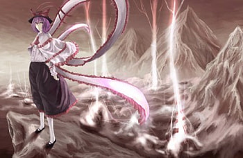 Electricity, ribbons, girl, nagae iku, lightning, anime, touhou, mountains, manga, female HD wallpaper